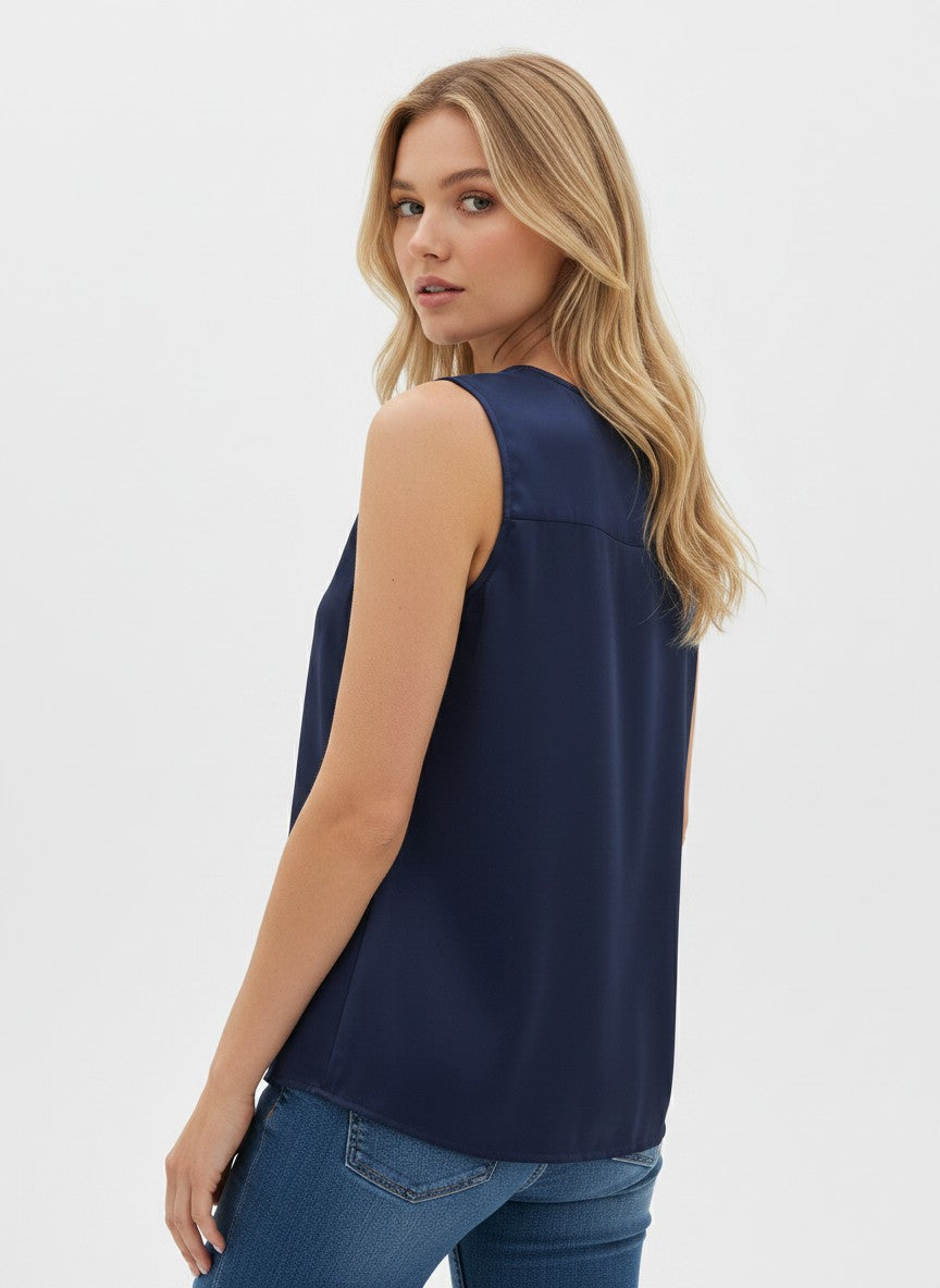 HOTOUCH Women’s Satin V-Neck Tank Top – Navy Blue S