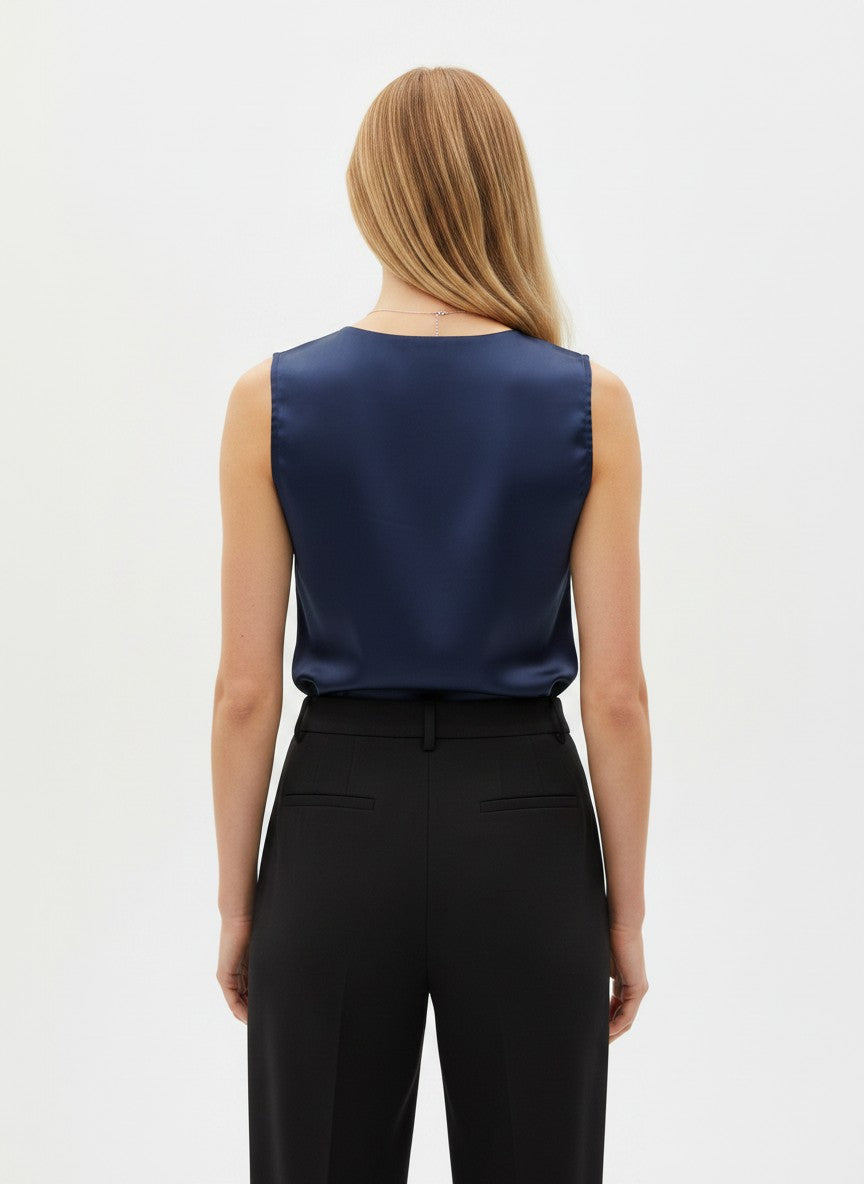 HOTOUCH Women’s Satin V-Neck Tank Top – Navy Blue S