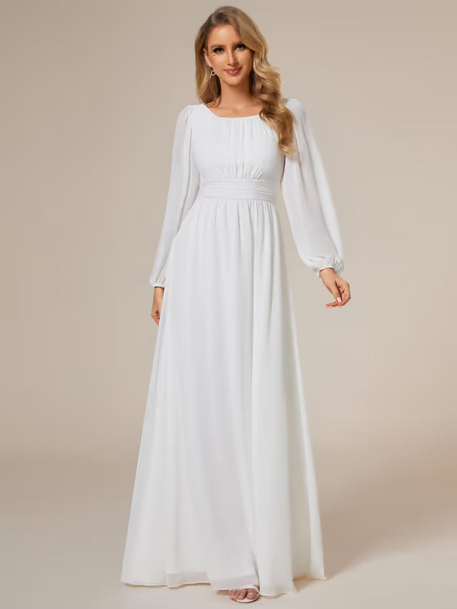 Bridesmaid Dress Women A-Line Chiffon Round Neck – White 10
