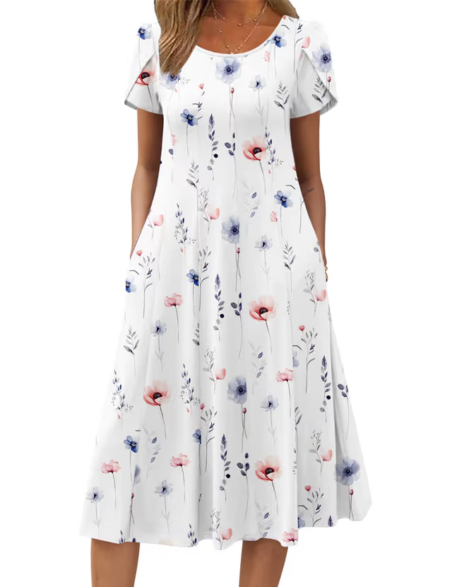 Crew Neck Swing Sundress Short Sleeve with Pockets – White Print L
