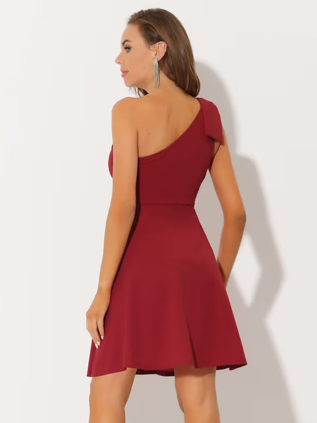Allegra K A-line Cocktail Dress Bow One Shoulder with Pockets – Red 16