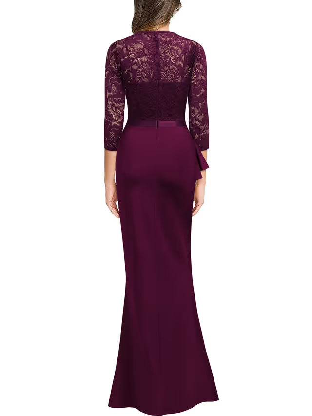 Women's Long Evening Dress Floral Lace Ruffle 3/4 Sleeves – Burgundy XL