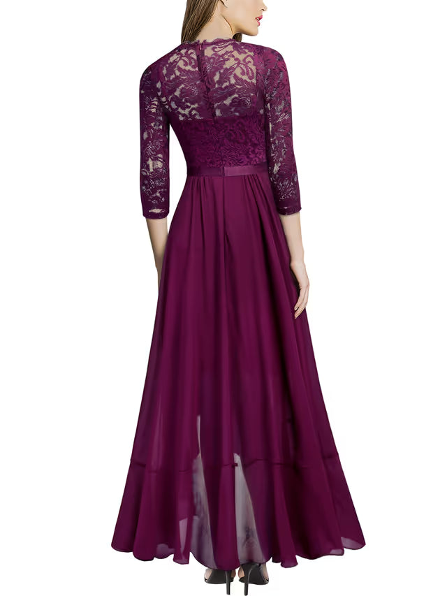 Miusol Elegant Floral Lace Ruffle Maxi Dress Women's Medium Magenta Scoop Neck