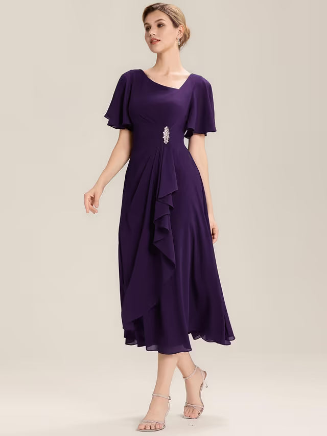 Ever-Pretty Mother-of-the-Bride Maxi Dress Asymmetrical Neck Ruffle Hem – Dark Purple 8UK