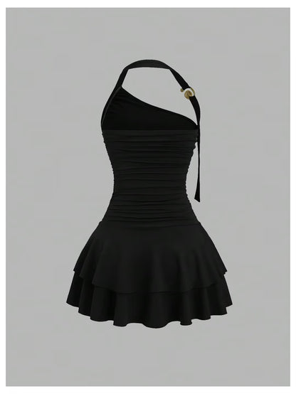 Mini Dress Women's Size X-Small Black Halter Neck Tiered Ruffle Cinched Waist