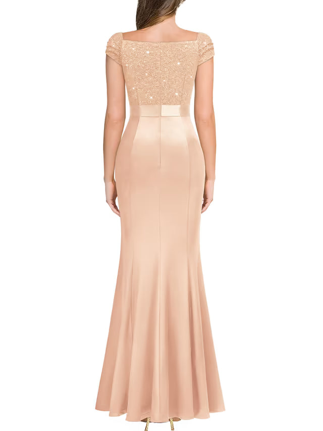 Women's Floral Lace Sequin Cap-Sleeve Fishtail Maxi Dress – Champagne S