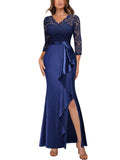 Missmny Floral Lace Ruffle 3/4 Sleeve Dress Women's Size XXL Navy Satin Vintage