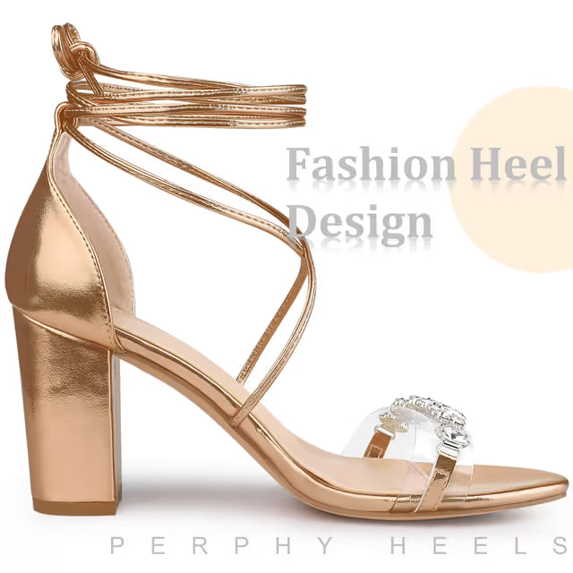 Crystal Rhinestone Lace-Up Open Toe Chunky Heel Sandals