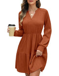 Women's V-Neck Jumper Dress Long Sleeve Elastic Waist Midi with Pockets – Brown
