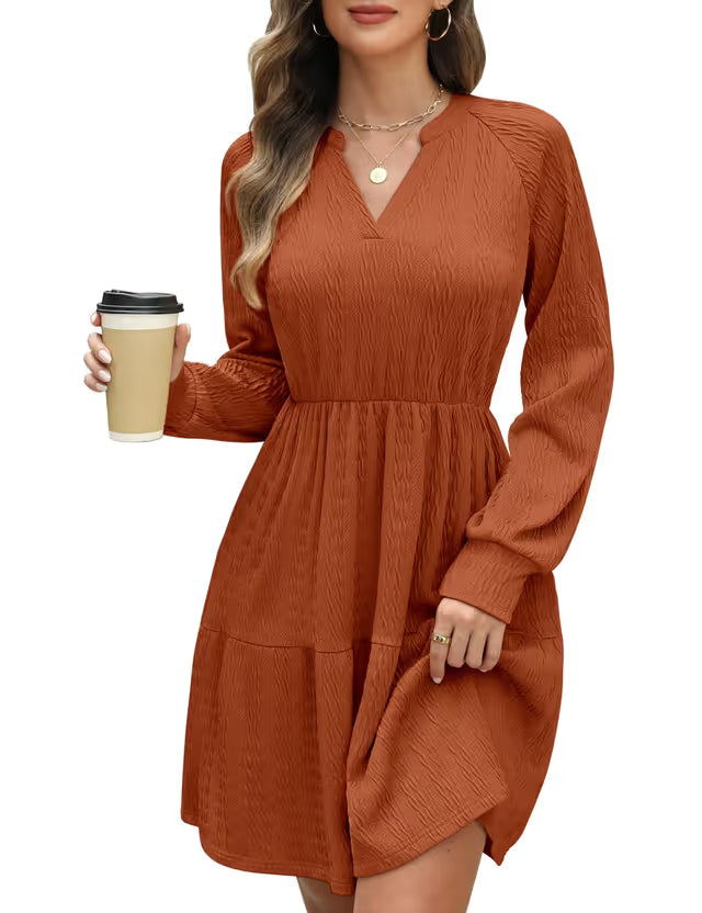 Women's V-Neck Jumper Dress Long Sleeve Elastic Waist Midi with Pockets – Brown
