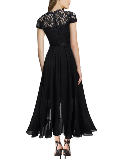 MIUSOL Women's Elegant Floral Lace Ruffle Evening Maxi Dress – Black X-Large