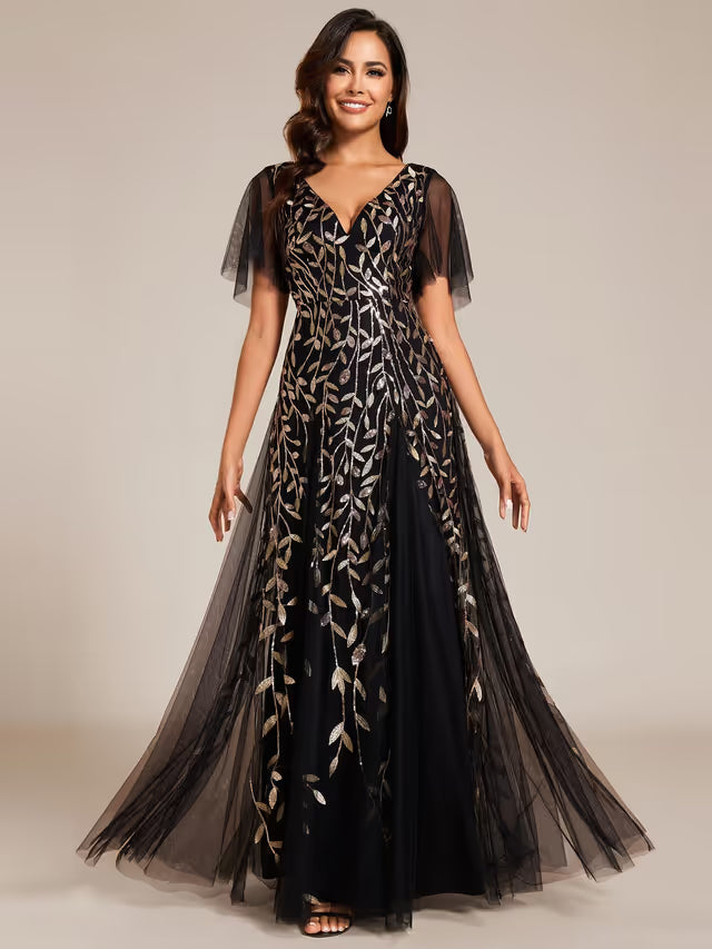 V Neck A-Line Tulle Evening Dress Short Sleeve Elegant – Black Gold 18UK
