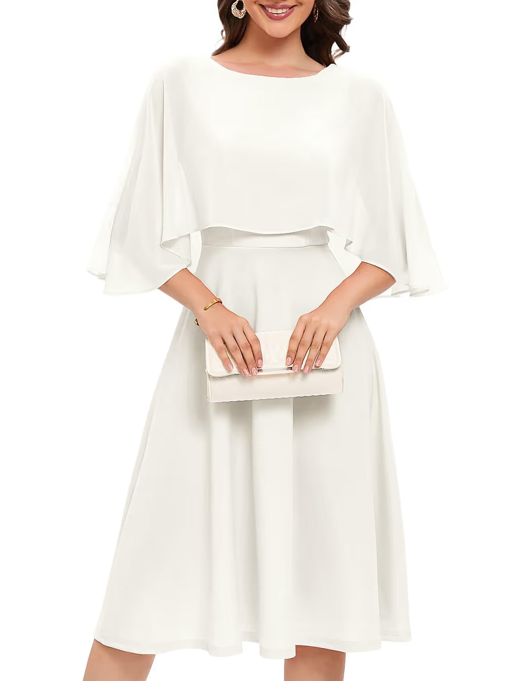 Chiffon Overlay Cocktail Cape Dress Women's Size Medium White Zip Boat Neck
