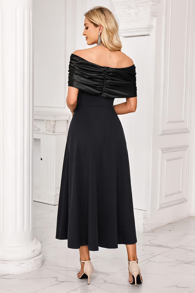 Women's Off-Shoulder Cocktail Dress Ruched Swing Bridesmaid – Black S