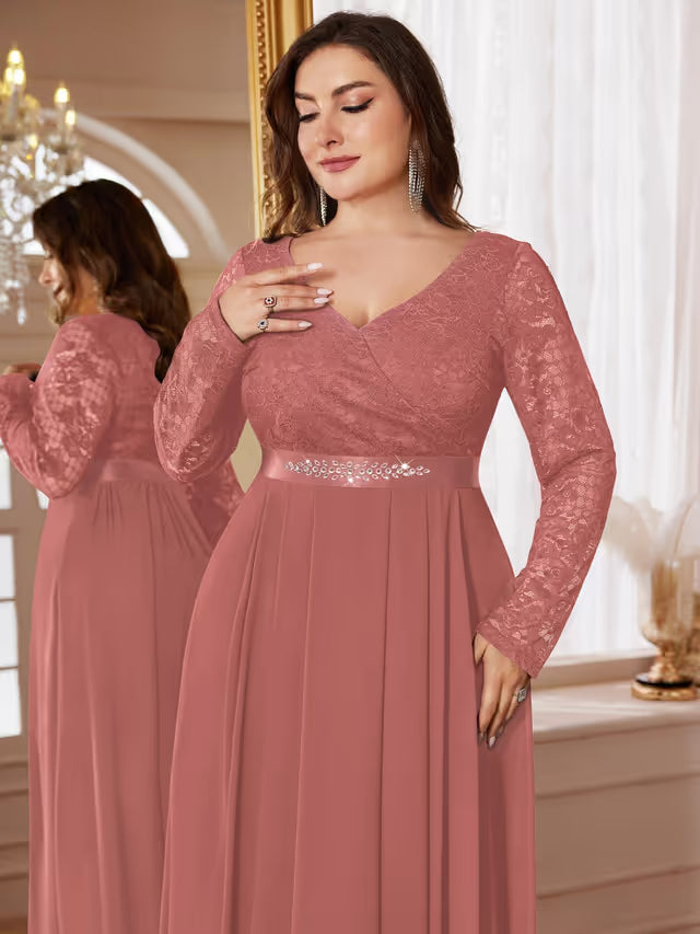 Plus-Size Floral Lace Chiffon Lantern Sleeve Rhinestone Waist Maxi Dress Formal – Dusty Pink 3XL
