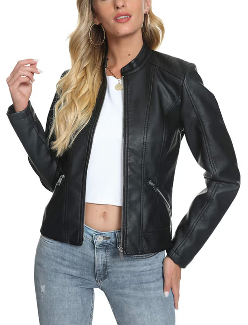 Women’s Faux Leather Moto Jacket Zip-Up Fitted Slim Coat