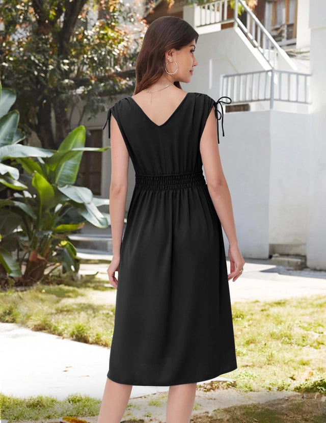 Dresstells A-Line Midi Dress Women's Size Medium Black Sleeveless Smocked Waist