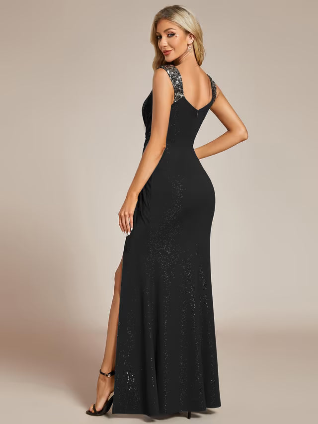 Ever-Pretty Sequin V-Neck Maxi Evening Dress High Slit Formal Prom Gown – Black 14UK