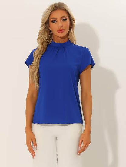 Women's Stand Collar Cap Sleeve Keyhole Back Work Blouse – Royal Blue S