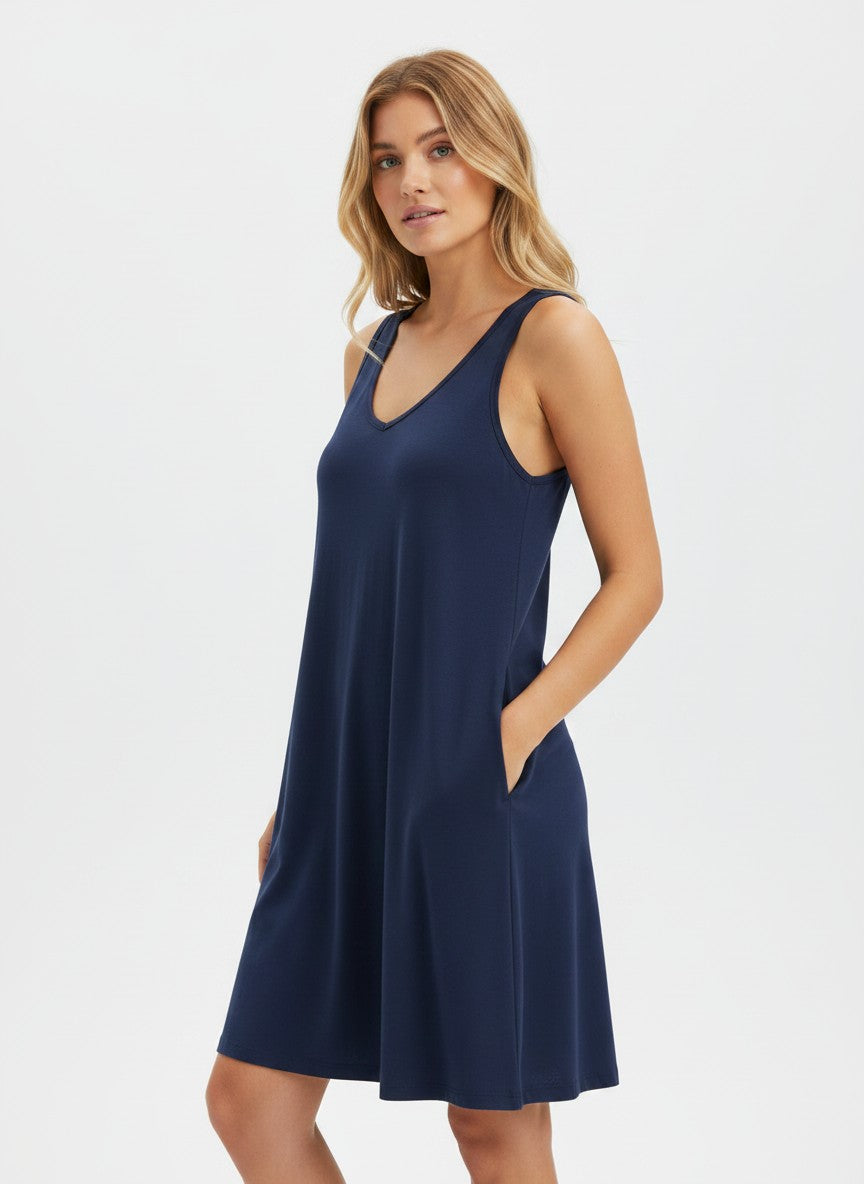Women's V-Neck Sleeveless Floral Mini Dress with Pockets – Blue-Violet XL
