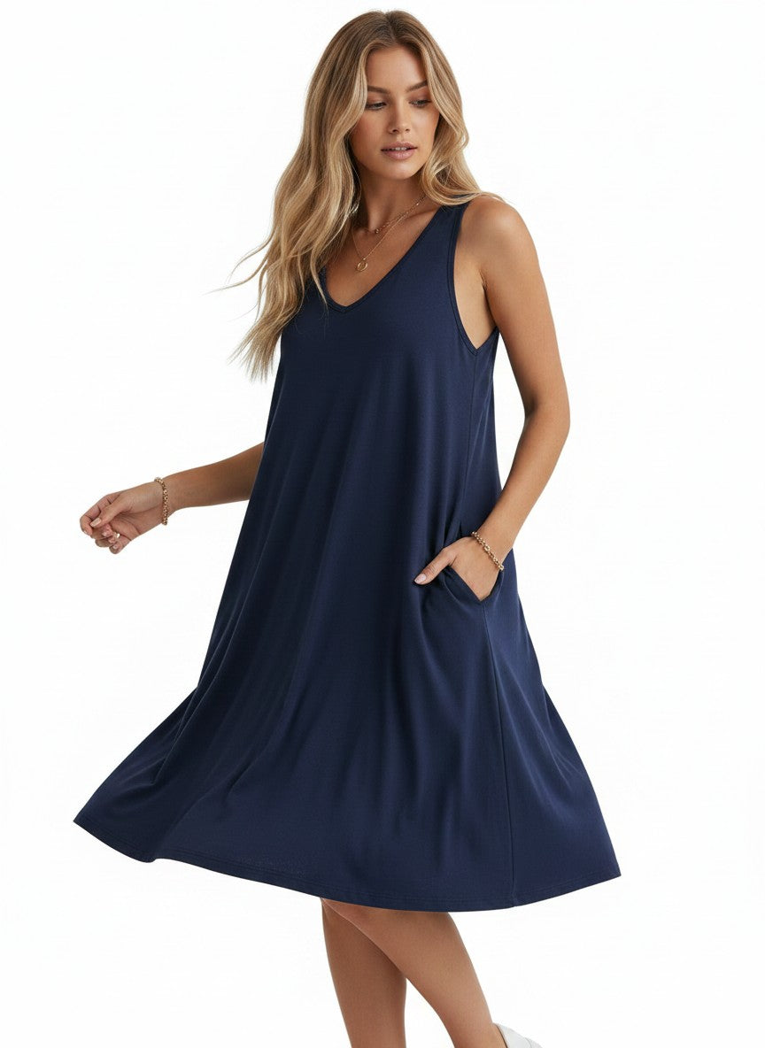 Women's V-Neck Sleeveless Floral Mini Dress with Pockets – Blue-Violet XL