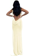 Women’s Backless Bodycon Maxi Dress Halter Cowl Neck Spaghetti Tie Back – Apricot L