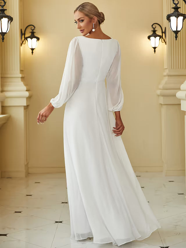 Ever-Pretty Elegant A-Line Appliqué V-Neck Pleated Long Sleeve Dress – Cream 22UK
