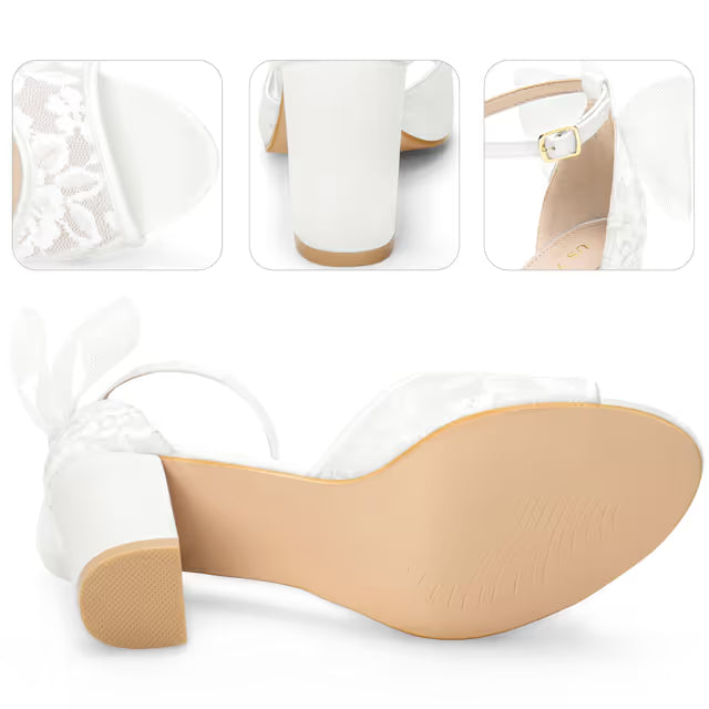 Women's Lace Open-Toe Bow Block Heel Sandals Party Wedding – As Shown
