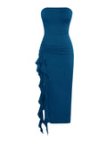Ruffle Trim Asymmetrical Tube Maxi Bodycon Dress Women's Size XS Blue Pull On