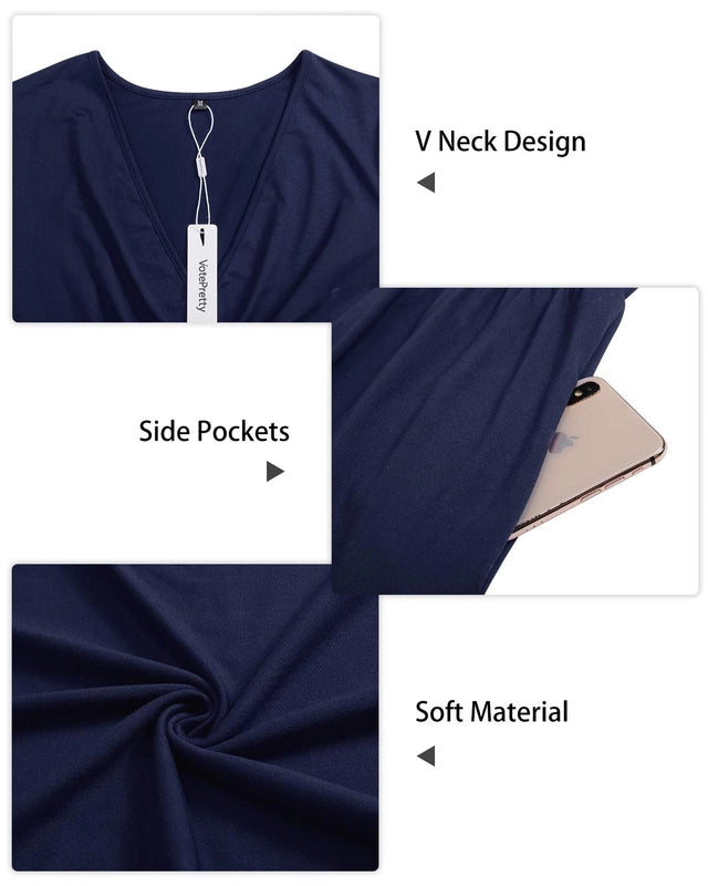 Votepretty Midi Wrap Dress Women Size Small Navy Short Sleeves V-Neck w/ Pockets