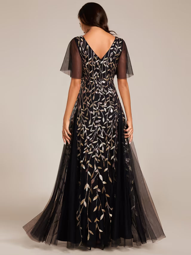 V Neck A-Line Tulle Evening Dress Short Sleeve Elegant – Black Gold 18UK