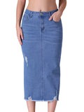 CIMUK Women's Ripped Denim Skirt High Waisted Stretch Midi – Light Blue L