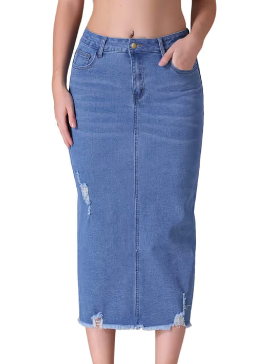 CIMUK Women's Ripped Denim Skirt High Waisted Stretch Midi – Light Blue L