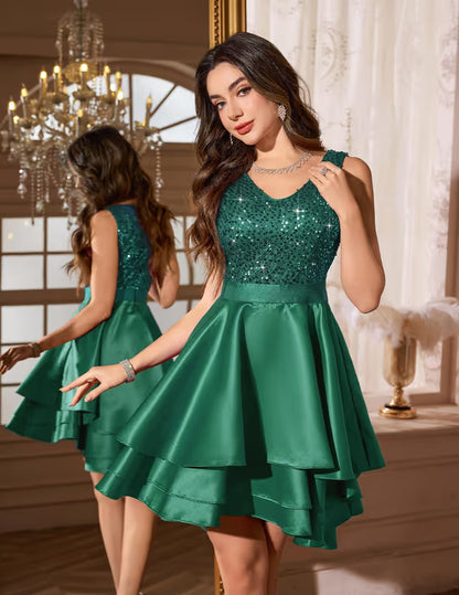 Women's Satin Homecoming Dress Sequin V-neck A-line – Dark Green S