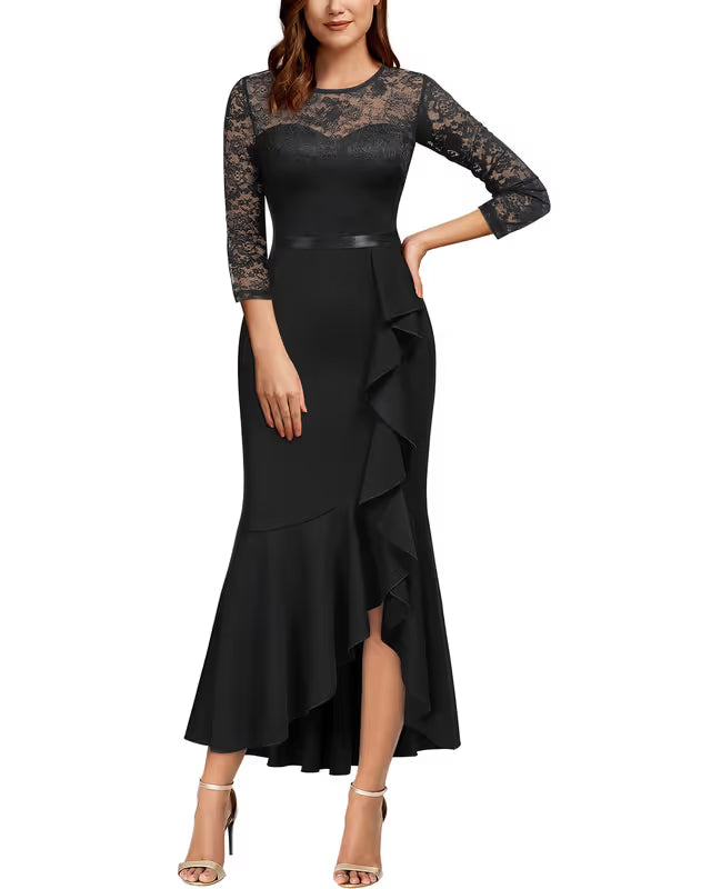 Missmay Bridesmaid Long Dress Women's Size Small Black 3/4 Sleeve Lace Ruffle