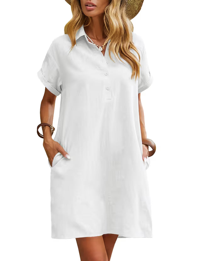 Zeagoo Womens Summer Dresses Casual Short Sleeve Midi Cotton Linen Beach Dress with Pockets White L