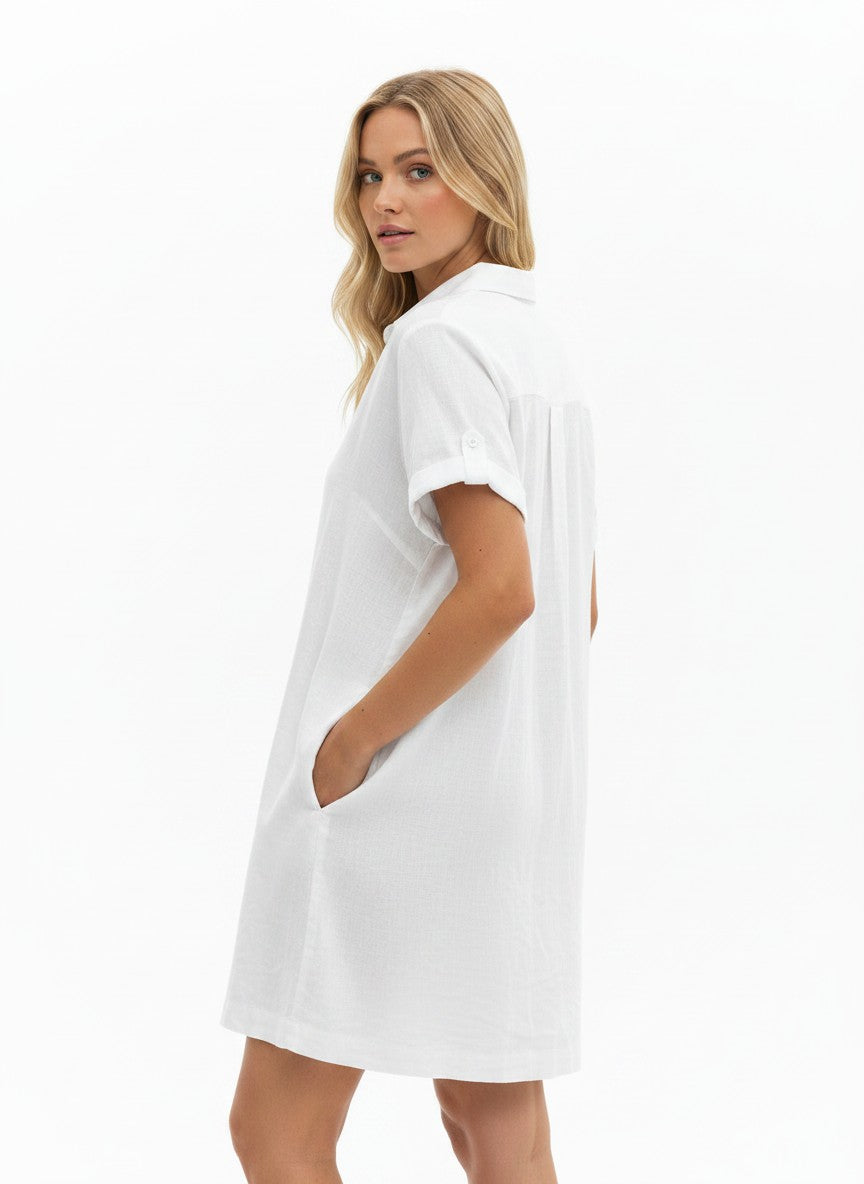 Zeagoo Womens Summer Dresses Casual Short Sleeve Midi Cotton Linen Beach Dress with Pockets White L