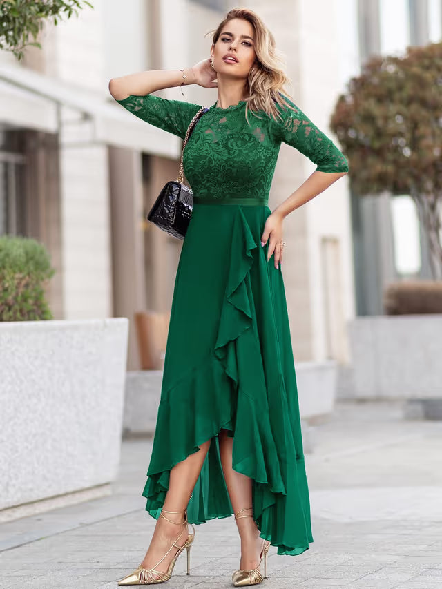 Women's Scoop Neck Floral Lace Maxi Formal Wedding Dress – Dark Green XXL