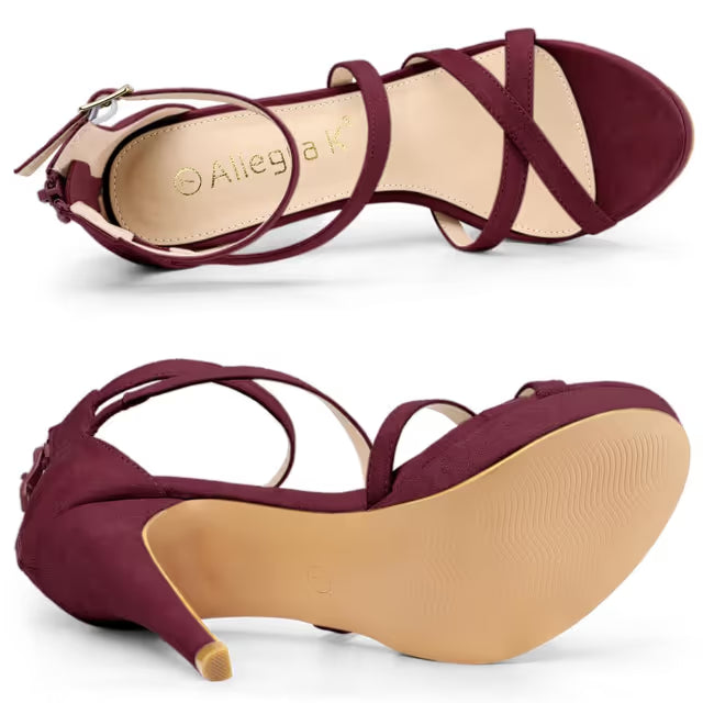 Women's Stiletto Ankle Strap Platform Sandals Zipper – Burgundy UK4 (US6)