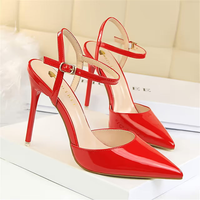 Women's Pointed High Heel Patent Leather Ankle Strap Stiletto Pumps 10.5cm – Red