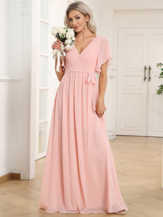 Ever-Pretty V-Neck Chiffon Prom Dress Ruffle Sleeves Plus Size – Pink 24UK