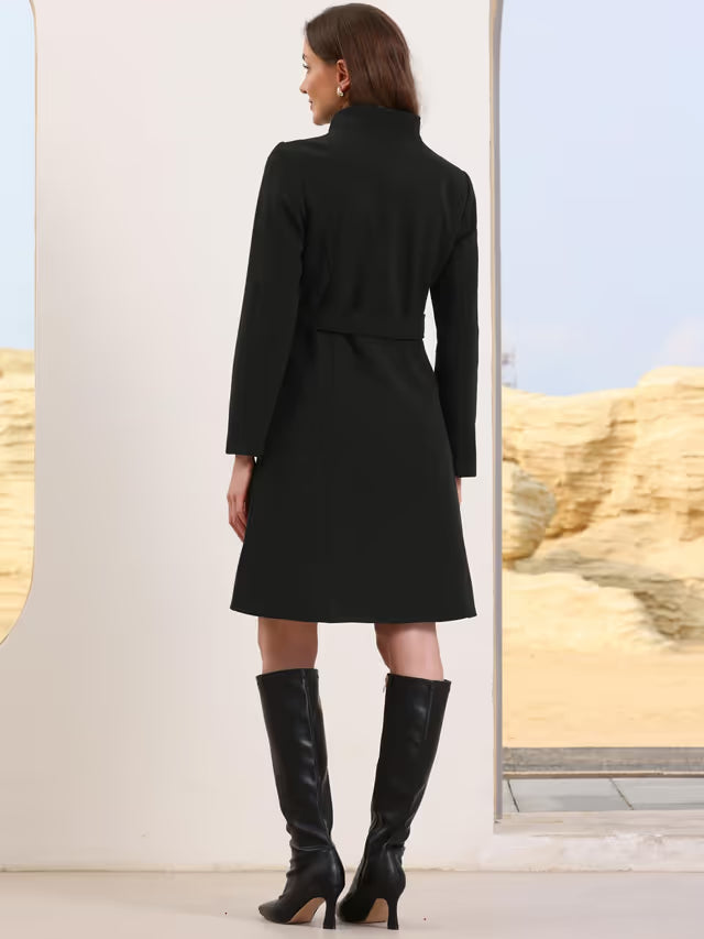 Women's Pea Coat Winter Stand Collar Button Down Outerwear with Belt – Black XL