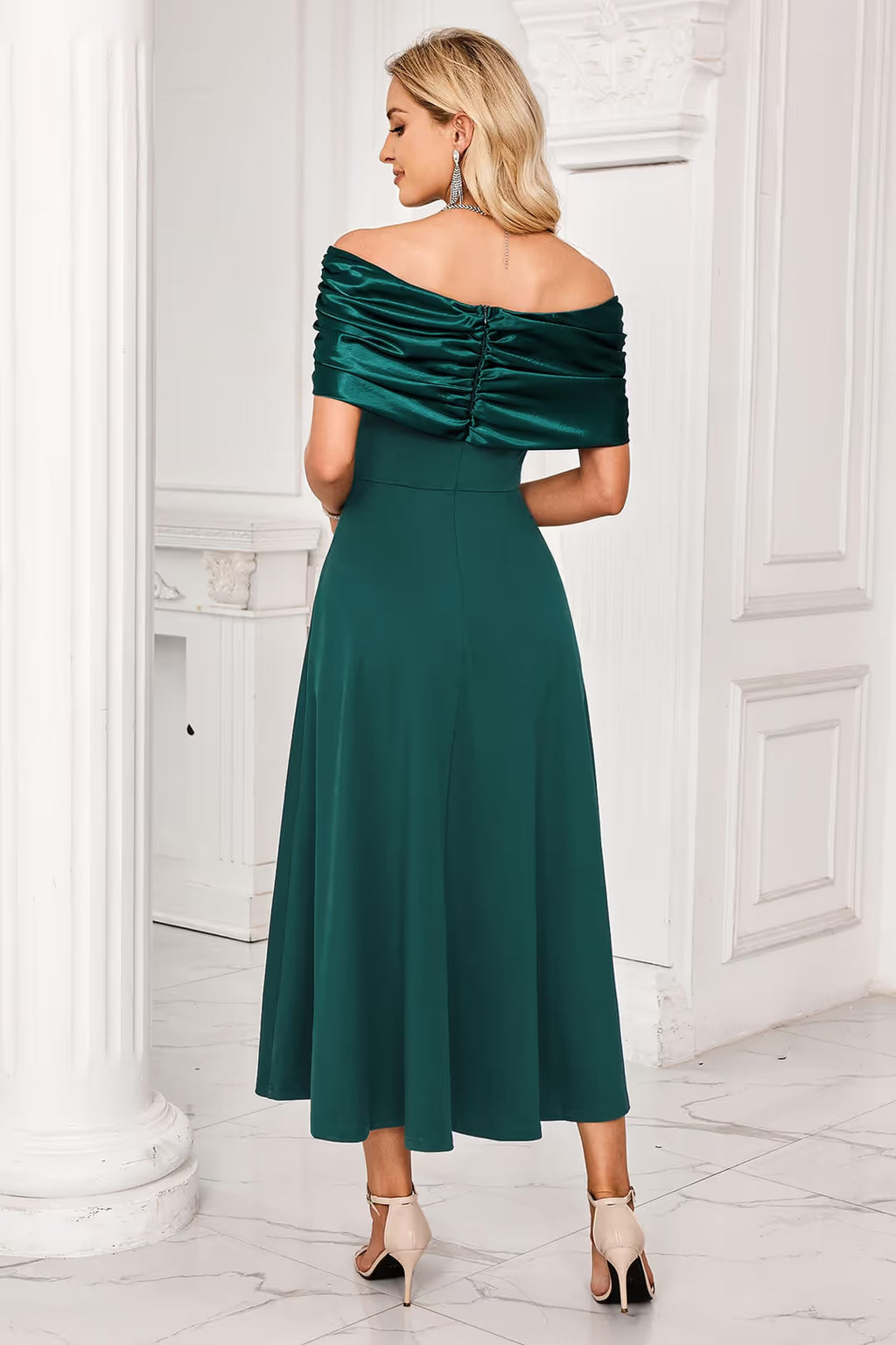 Newshows Off Shoulder Elegant Ruched Swing Dress Women Size Medium Green Zipper