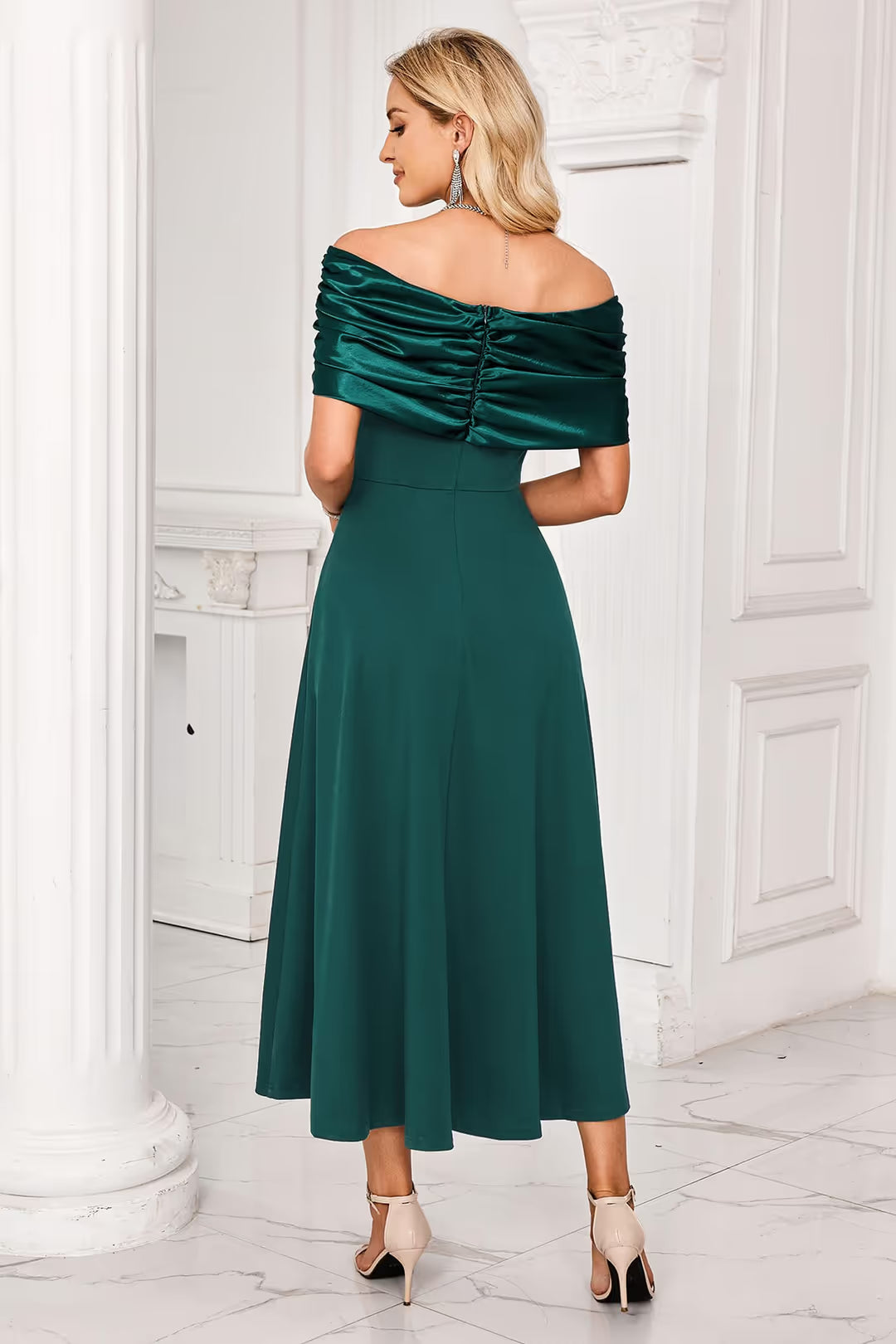 Newshows Off Shoulder Elegant Ruched Swing Dress Women Size Medium Green Zipper