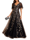 V Neck A-Line Tulle Evening Dress Short Sleeve Elegant – Black Gold 18UK