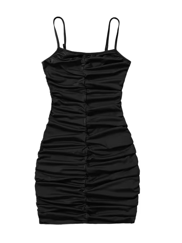 Sundress Bodycon Mini Dress Girls Size 12-13Y Black Spaghetti Strap Ruched
