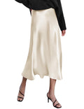 Women's Satin A-Line Midi Skirt High Waist Flared – Navy Blue XXL