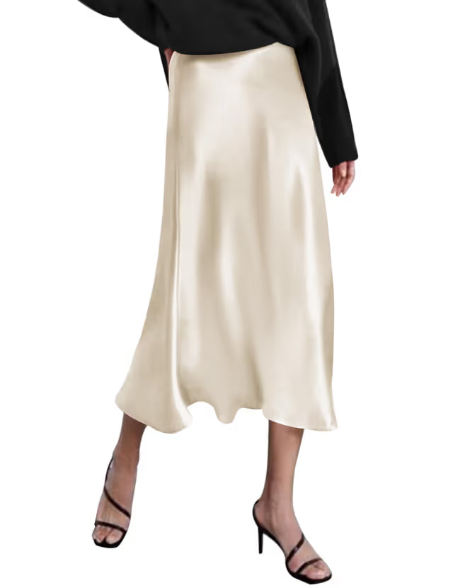 Women's Satin A-Line Midi Skirt High Waist Flared – Navy Blue XXL