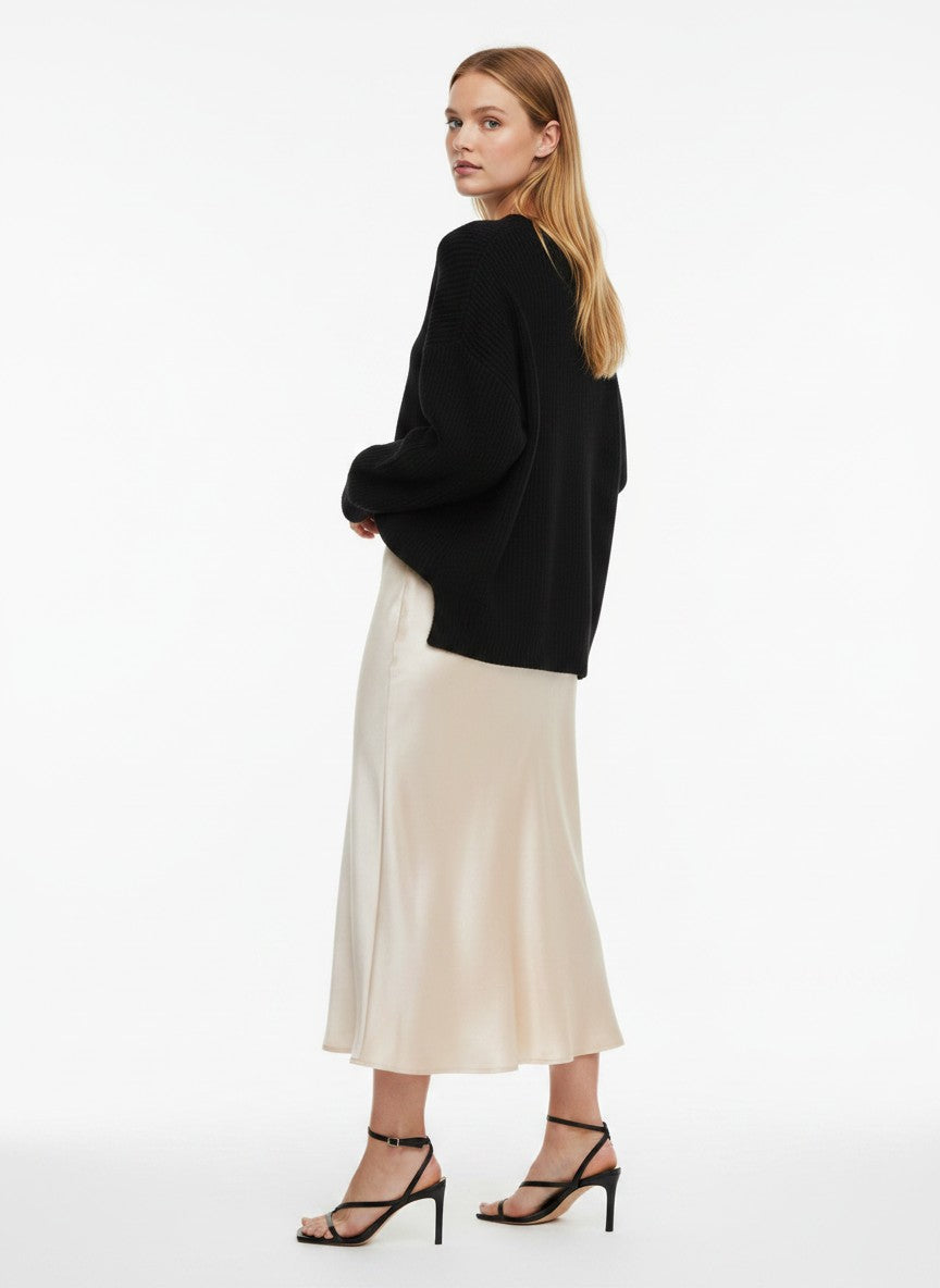 Women's Satin A-Line Midi Skirt High Waist Flared – Navy Blue XXL