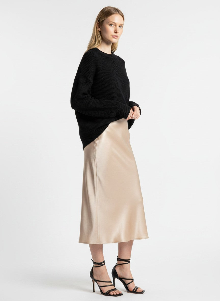 Women's Satin A-Line Midi Skirt High Waist Flared – Navy Blue XXL